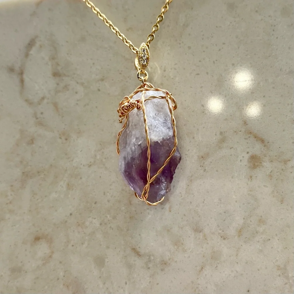 Natural Brazilian Amethyst Crystal Gold Wire Wrapped necklace P35